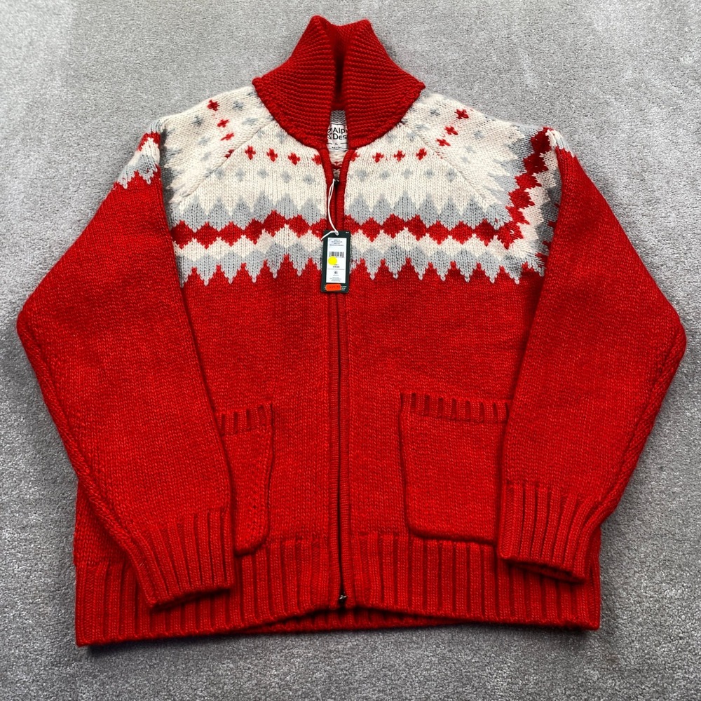 Alpine Design Mens XL Full Zip Cardigan Sweater Red Wool Blend Mountain Peak New